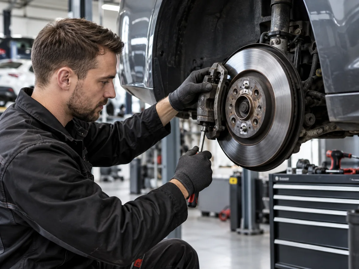 Mechaniker bei der Kontrolle und Reparatur einer Bremsanlage