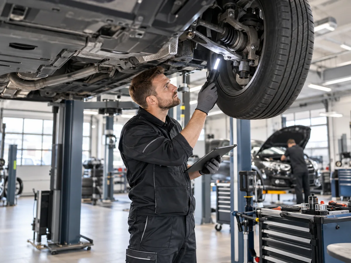 Kfz-Mechaniker prüft Fahrzeugunterboden und Fahrwerkskomponenten bei der Inspektion