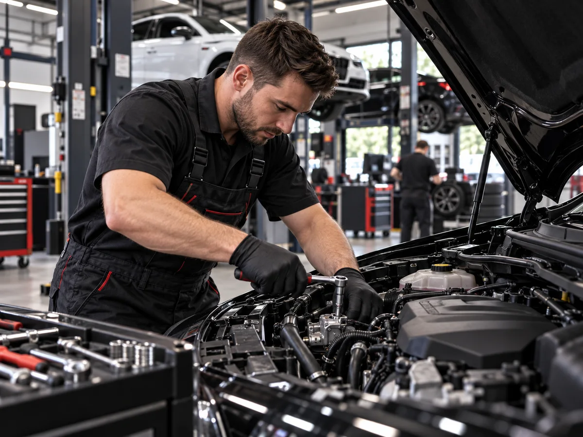 Mechaniker bei einer fachgerechten mechanischen Kfz-Reparatur