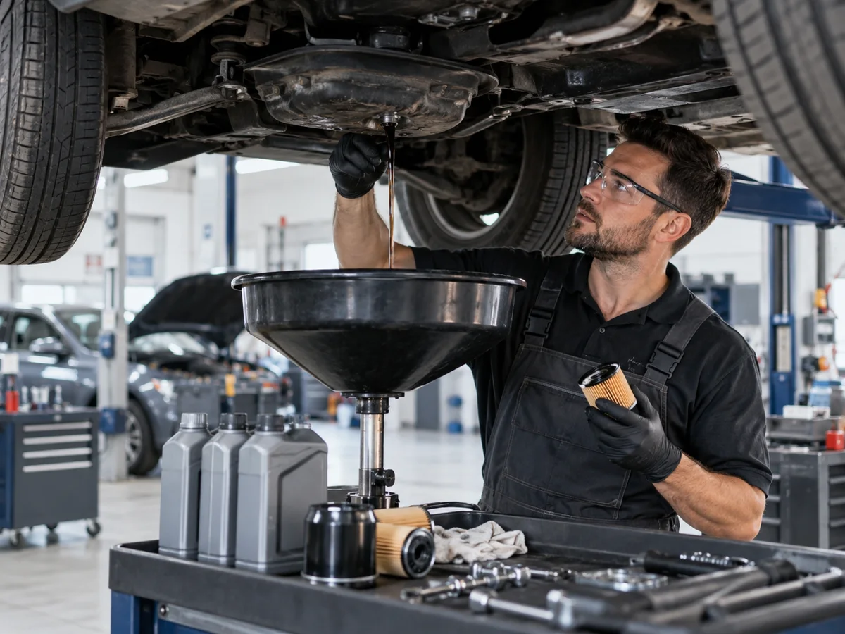 Professioneller Ölwechsel mit Ölfilter in der Kfz-Werkstatt